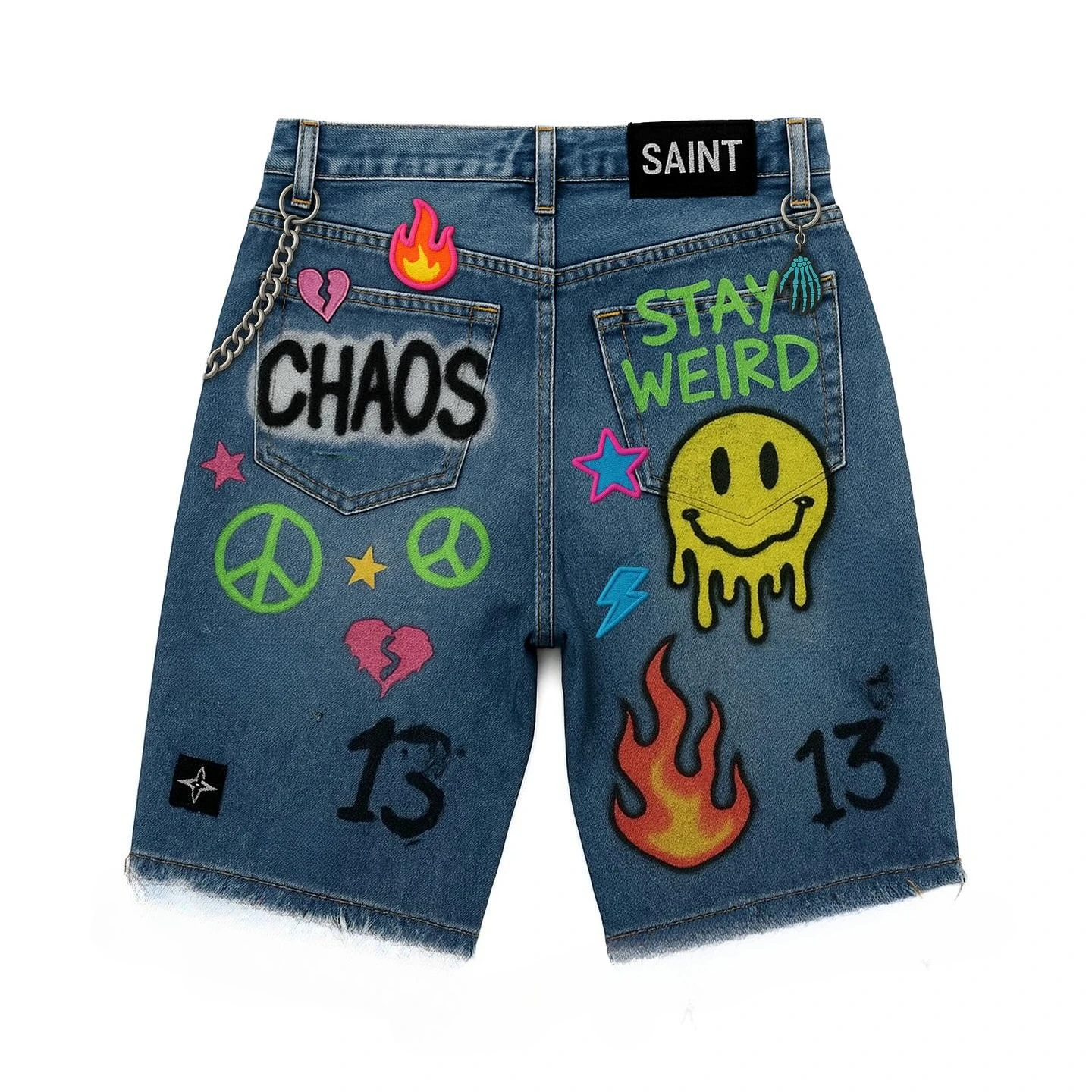 American Y2k Green Hands Print Shorts Harajuku Denim Blue Baggy Jeans Woman Streetwear Jorts Short Women Vintage Women Clothing