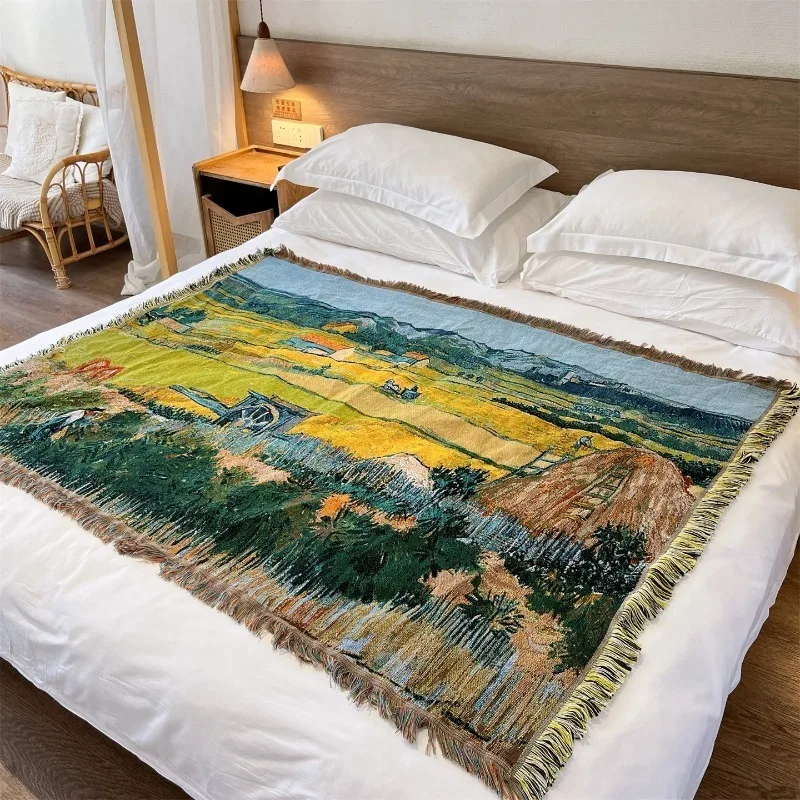 Vintage Oil Painting Thread Blanket Decorative Cover Cloth Tablecloth Art Tapestry For Bed End Sofa Wall Hanging Home Decor