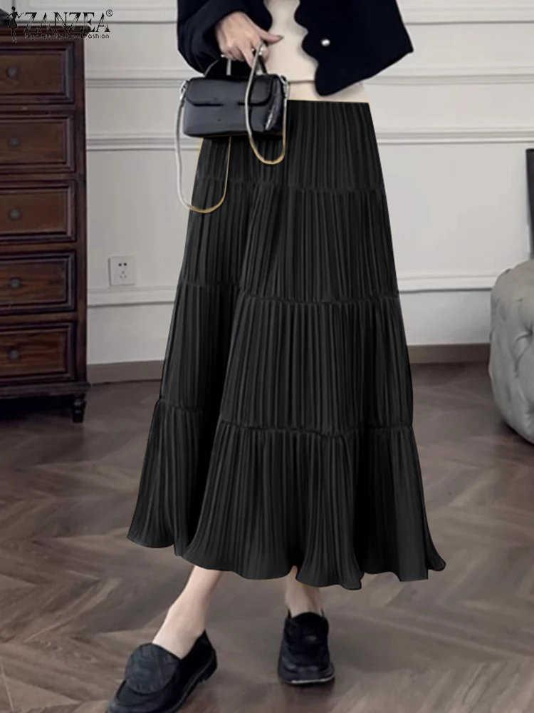 

ZANZEA Holiday Stitching Elastic Waist Bottoms Women Solid Color Skirt Fashion Pleating Midi Overskirt Casual Loose A-line Jupe