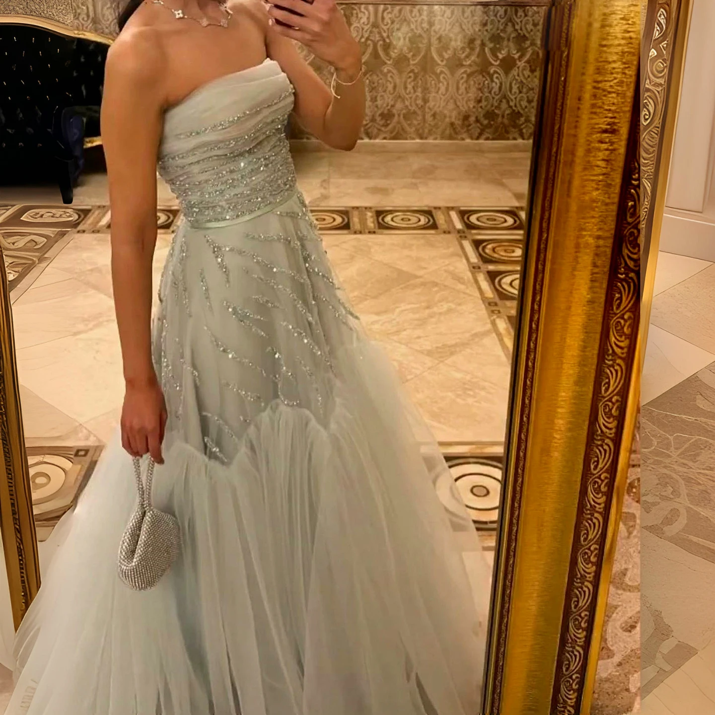 

Sharon Said Elegant Strapless Sage Green Arab Evening Dress Women Wedding Luxury Beaded Dubai Formal Party Gown SS483 Customized