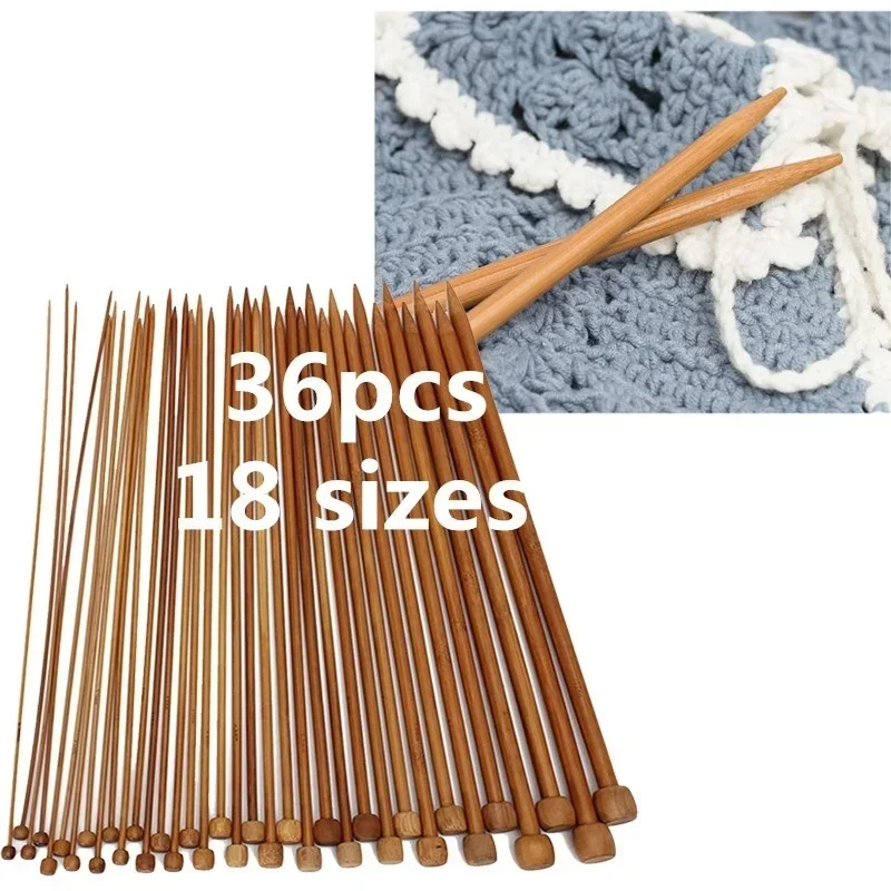 36PCS 18 Size Carbonized Bamboo 25cm Crochet Single Pointed Knitting Needles Sweater Needle with A Full Set of Beads