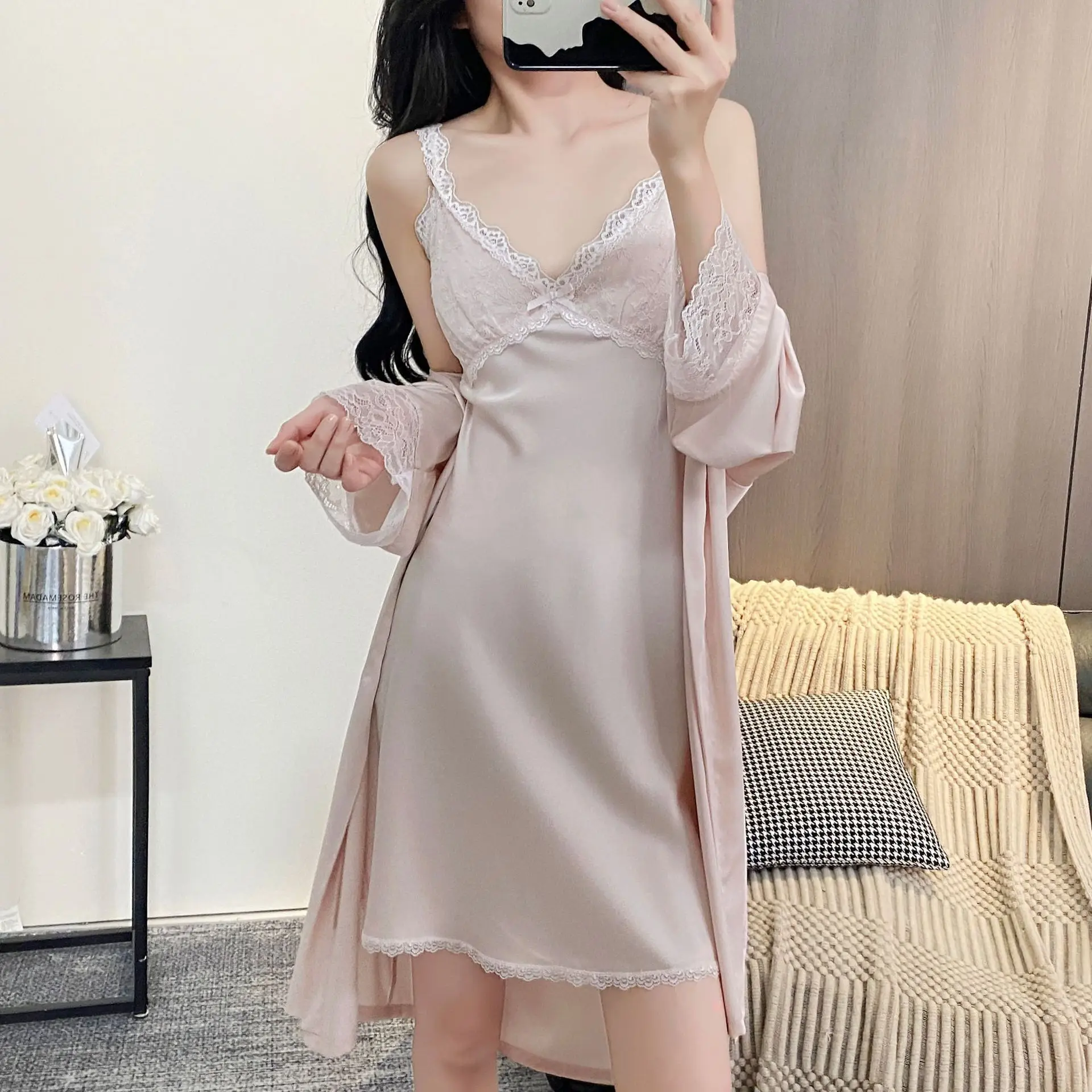 

Комплект: кимоно-халат с кружевной отделкой, ночная сорочка на бретельках, атласная домашняя одежда для женщин, весна-лето