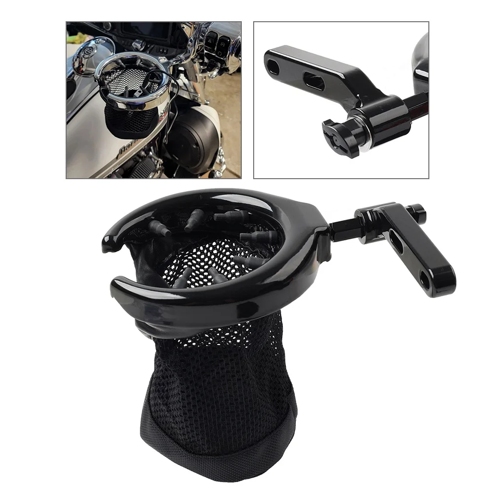 Universal Motorcycle Handlebar Drink Cup Holder W/ Mesh Basket For Clutch Brake Perch Mount For Harley BMW Honda Ducati etc.