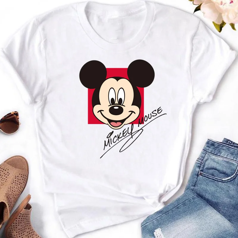 2025 Disney Mickey Minnie Mouse Fashion Print Women White T-shirt Girl Short Sleeve Crew Neck Casual Top for Women's Clothing