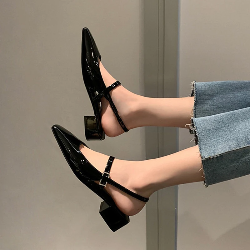 Patent Leather Mary Jeans Woman Thick Low Heels Sandals Slingback Rear-Strap Shoes Ladies Dress Office Pumps Belt Buckle Loafer