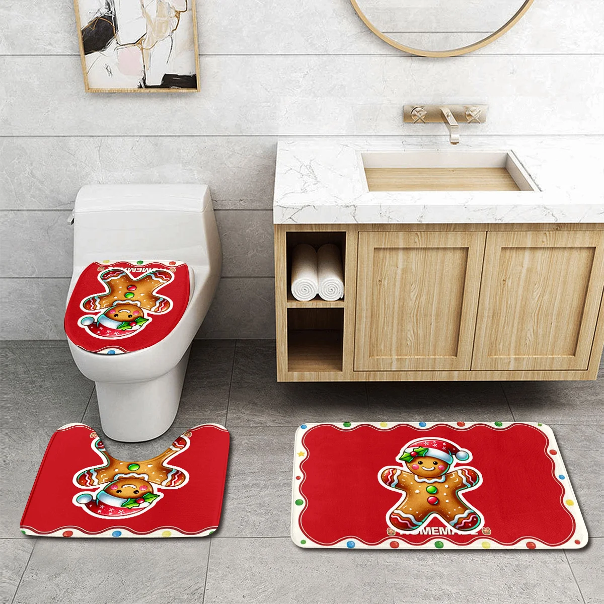 3pcs Gingerbread for Man Christmas Bathroom Set—Toilet Mat, U-shaped Toilet Seat Cover, Made of High-Quality Flannel, Soft, Comf