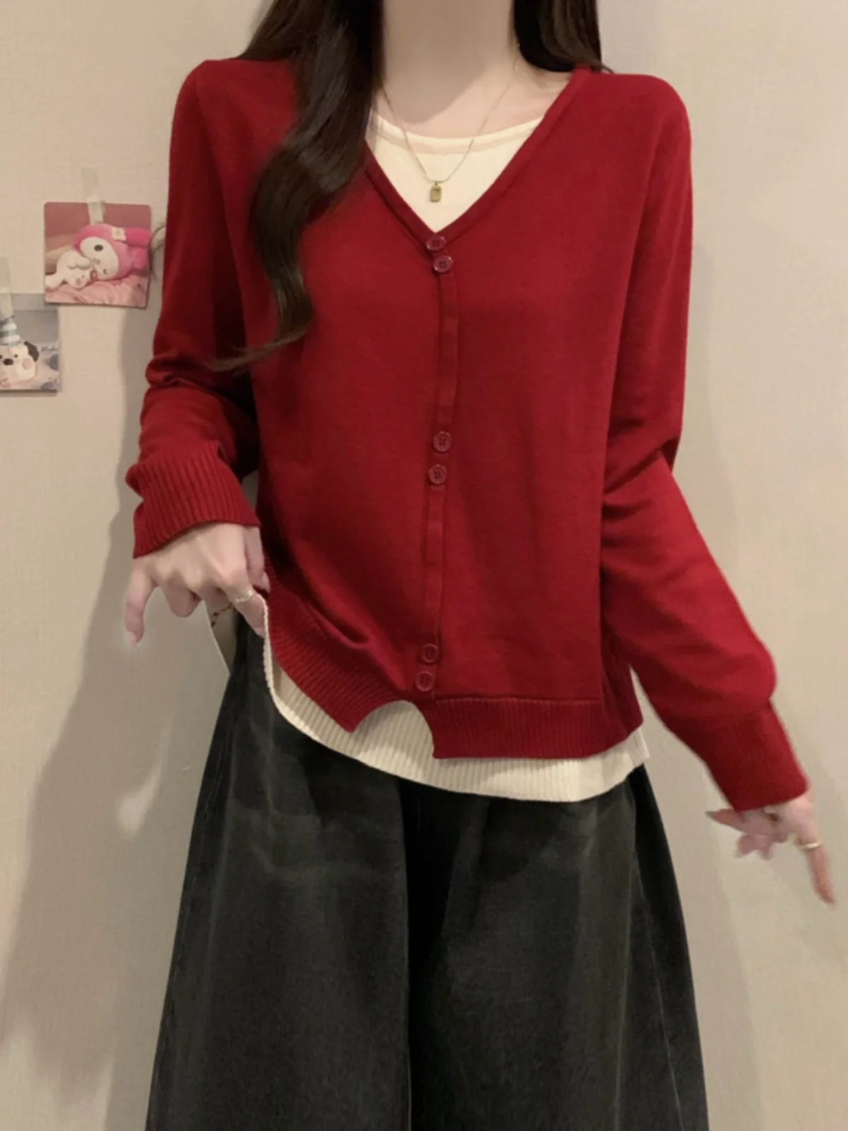 

Red Knitted Long Sleeve Short Top Women's Base Layer Shirt Spring Autumn plus Size Comfortable Soft Korean Style Commute Wind