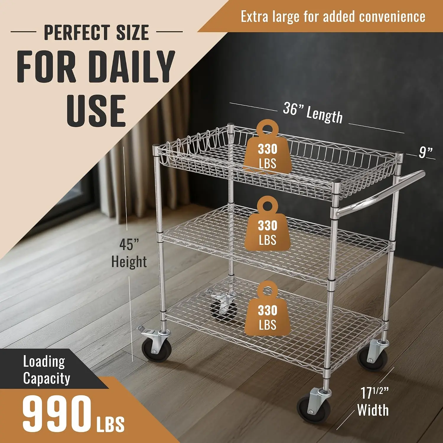 3 Tier Heavy Duty Wire Commercial Grade Rolling Cart with Wheels, Rolling Shelving Unit, Metal Utility Serving Cart