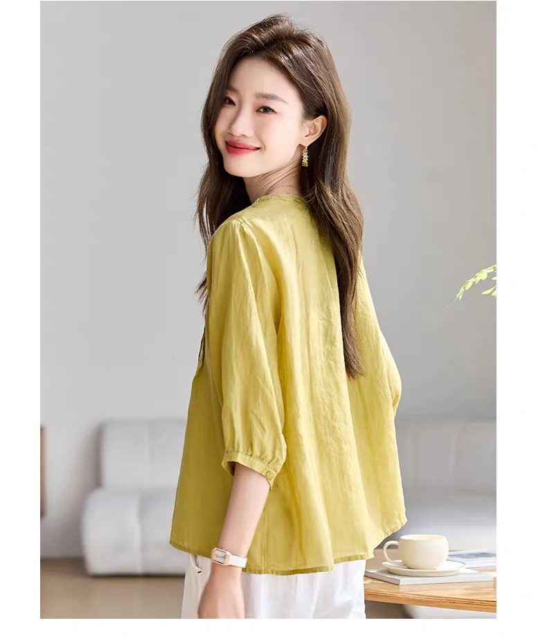 Letnia moda wysokiej jakości koszula haftowana dla kobiet Koreański styl Dekolt w serek Ochrona przed słońcem Jednolity kolor Klasyczna bluzka Damskie topy