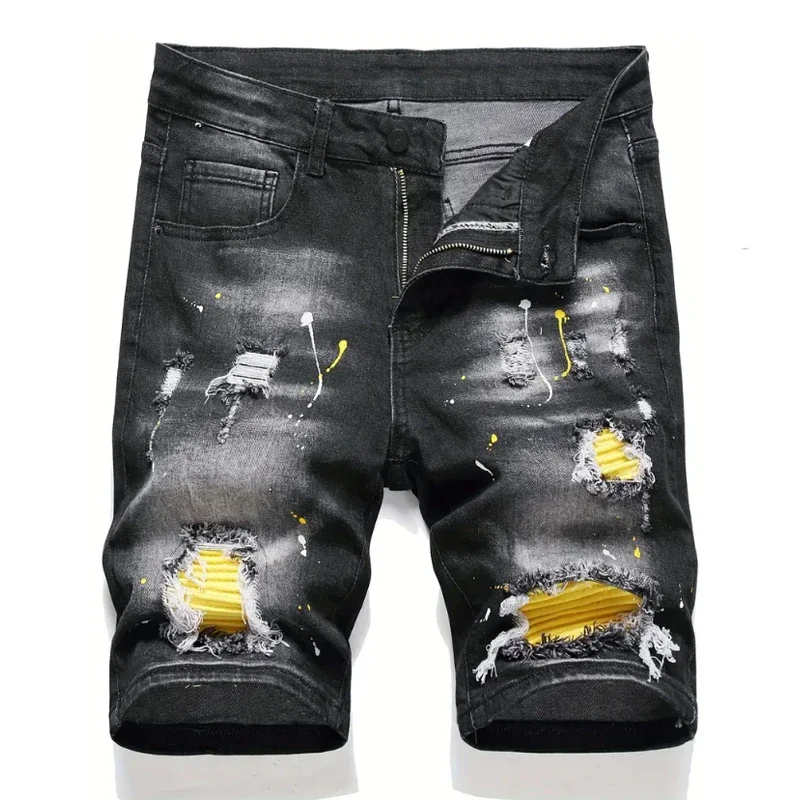 Summer New Men's Fashion Stretch Denim Shorts Retro High Street Style Old Slim Fit Short Jeans Splicing Design 98% Cotton Brand