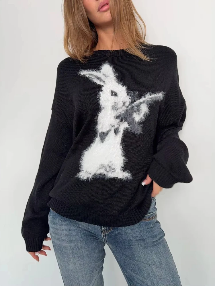 Y2K Harajuku Women Furry Rabbit Print Knit Sweaters Crewneck Long Sleeve Oversized Pullover Trendy Casual Winter Black Knitwears