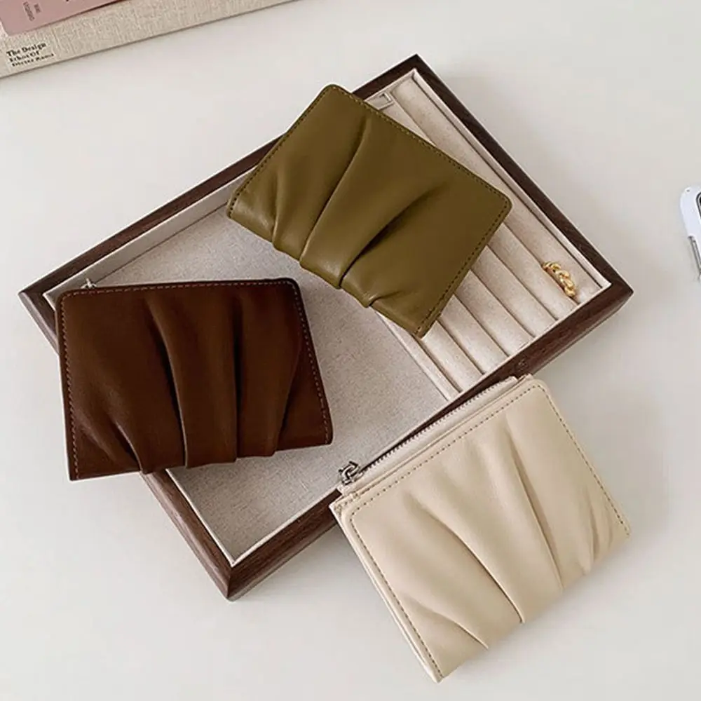 

Trendy PU Leather Women Wallets Wrinkled Solid Color Card Holders Portable Female Purses