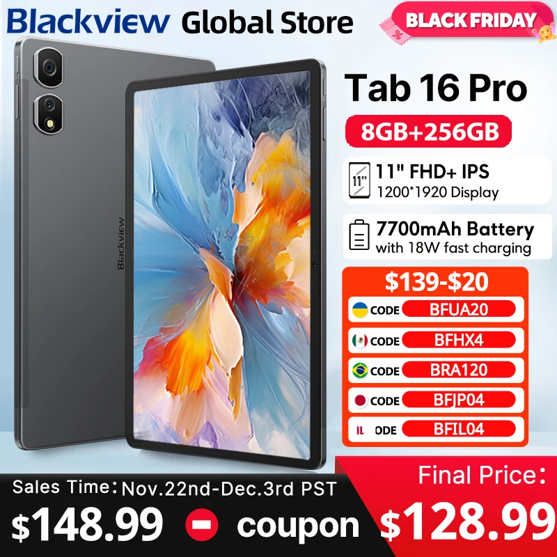 2024 Blackview Tab 16 Pro Tablet Android 8GB+256GB 11\'\' FHD+ Display Widevine L1 7700 mAh Battery Unisoc T616 Tablet PC