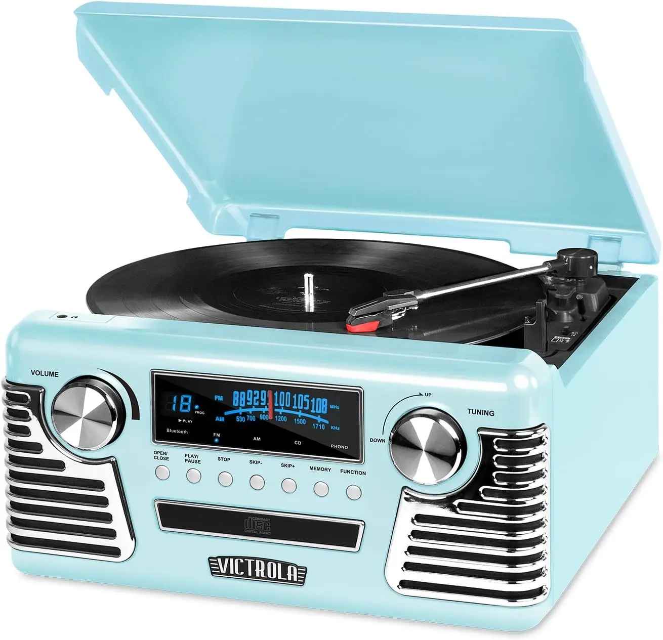 

Retro 3-Speed Turntable with Bluetooth, CD Player, AM/FM Radio, Built-in Speakers, Teal
