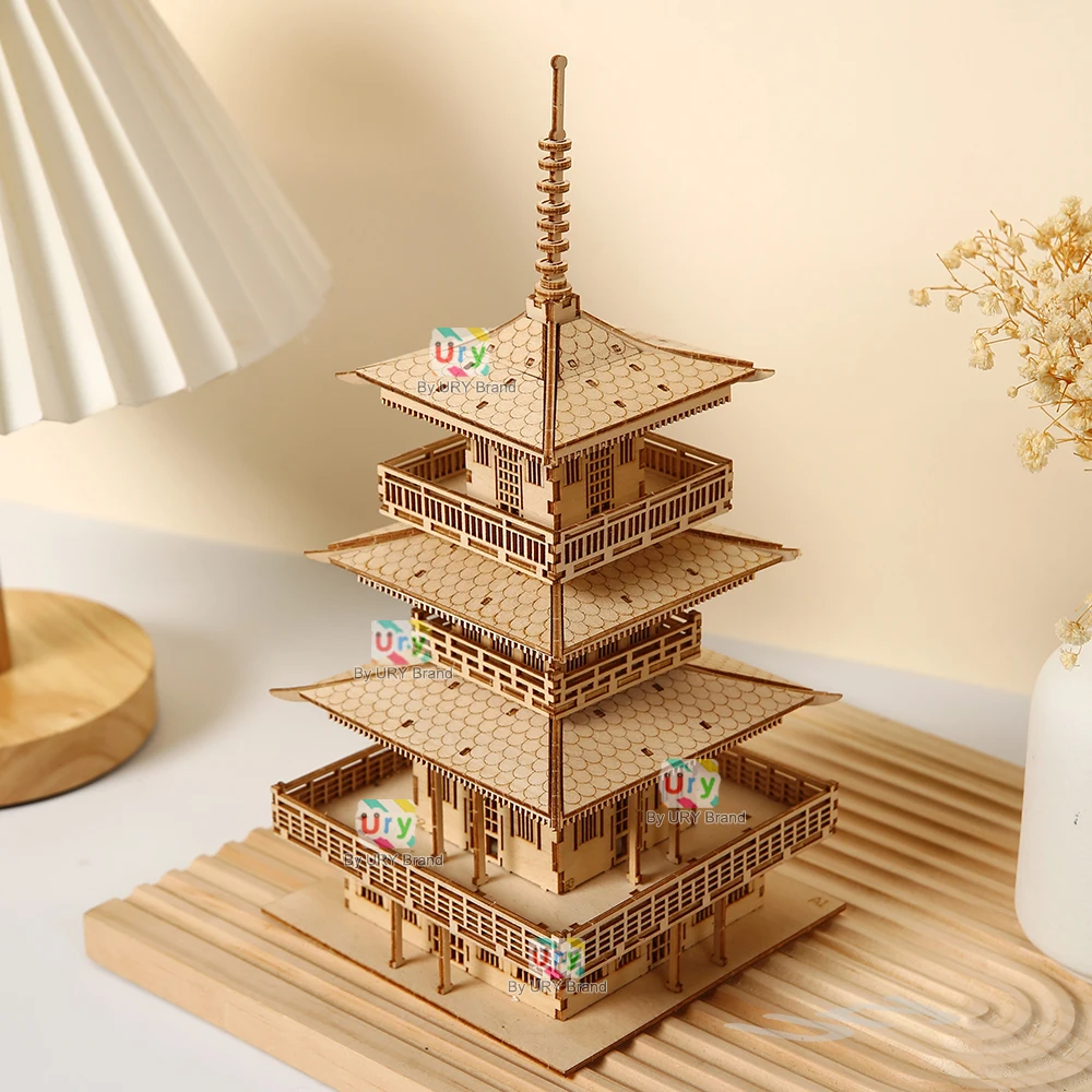 URY 3D木製タワー古代パゴダ中国伝統パズルライト付きDIYモデルゲーム組み立てデスクトップおもちゃ子供大人向けギフト