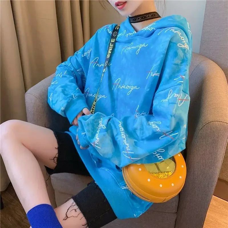 Bluzy damskie z kapturem Baggy Female Top Pink With Orint On Hoodies Loose Blue Essential High Quality Harajuku Fashion Coat E