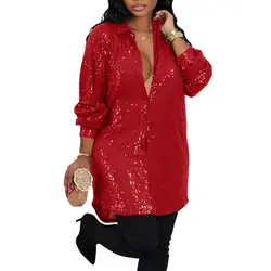 Elegant Shirt Dress Women Shiny Sequin Evening Party Long Sleeve Loose Buttons Mid Length Cardigan Blouse Mini Dress