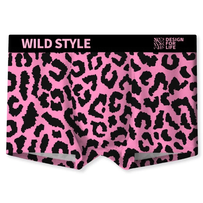 

2PCS Men's Underwear Pink Leopard Print Comfortable Flat Corner Underpants Fashion Mid Waist Antibacterial Breathable Boxers