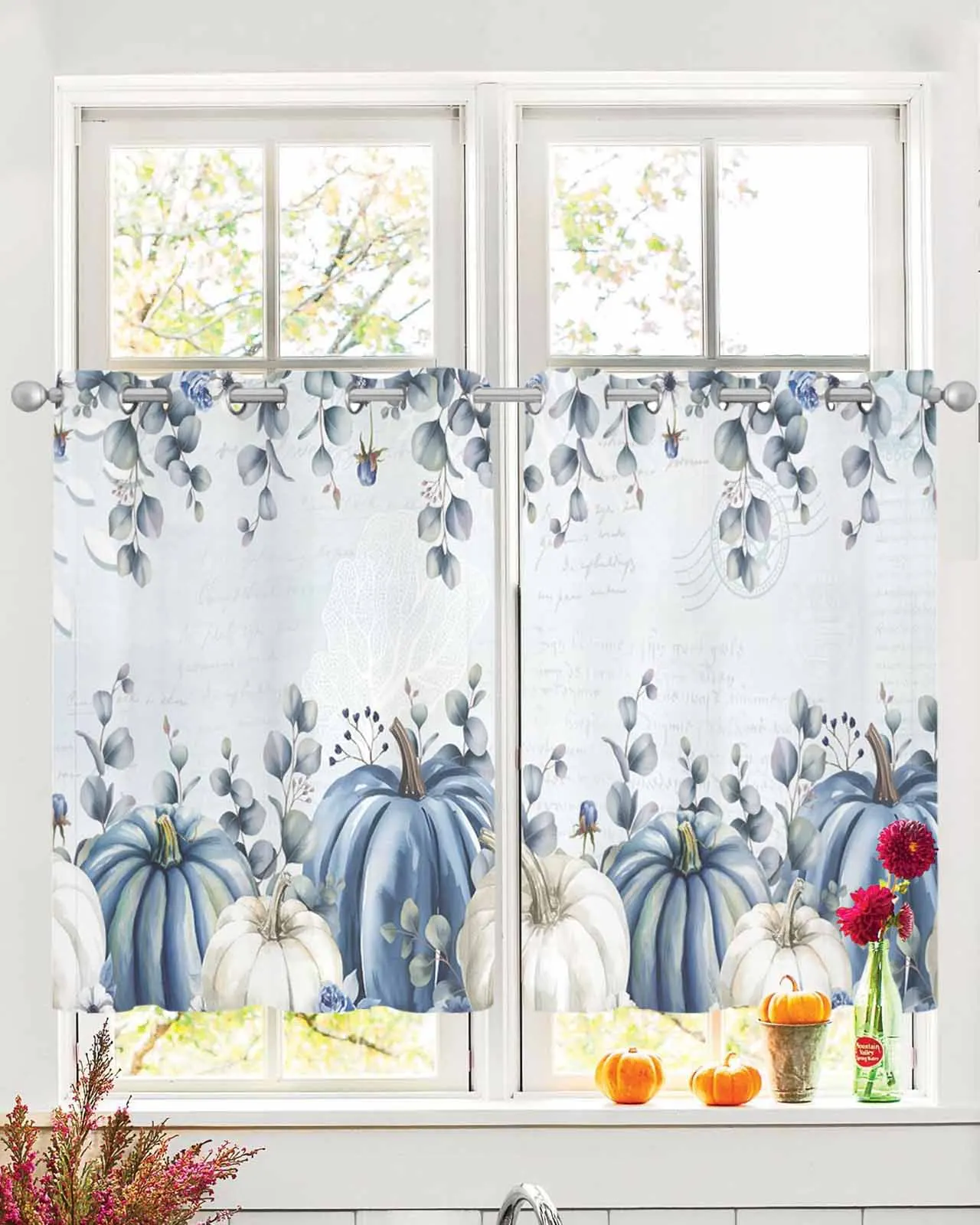 

2pcs Tulle Window Curtains Blue Vintage Pumpkin Eucalyptus Leaves for Living Room Bedroom Chiffon Sheer Voile Window Curtain