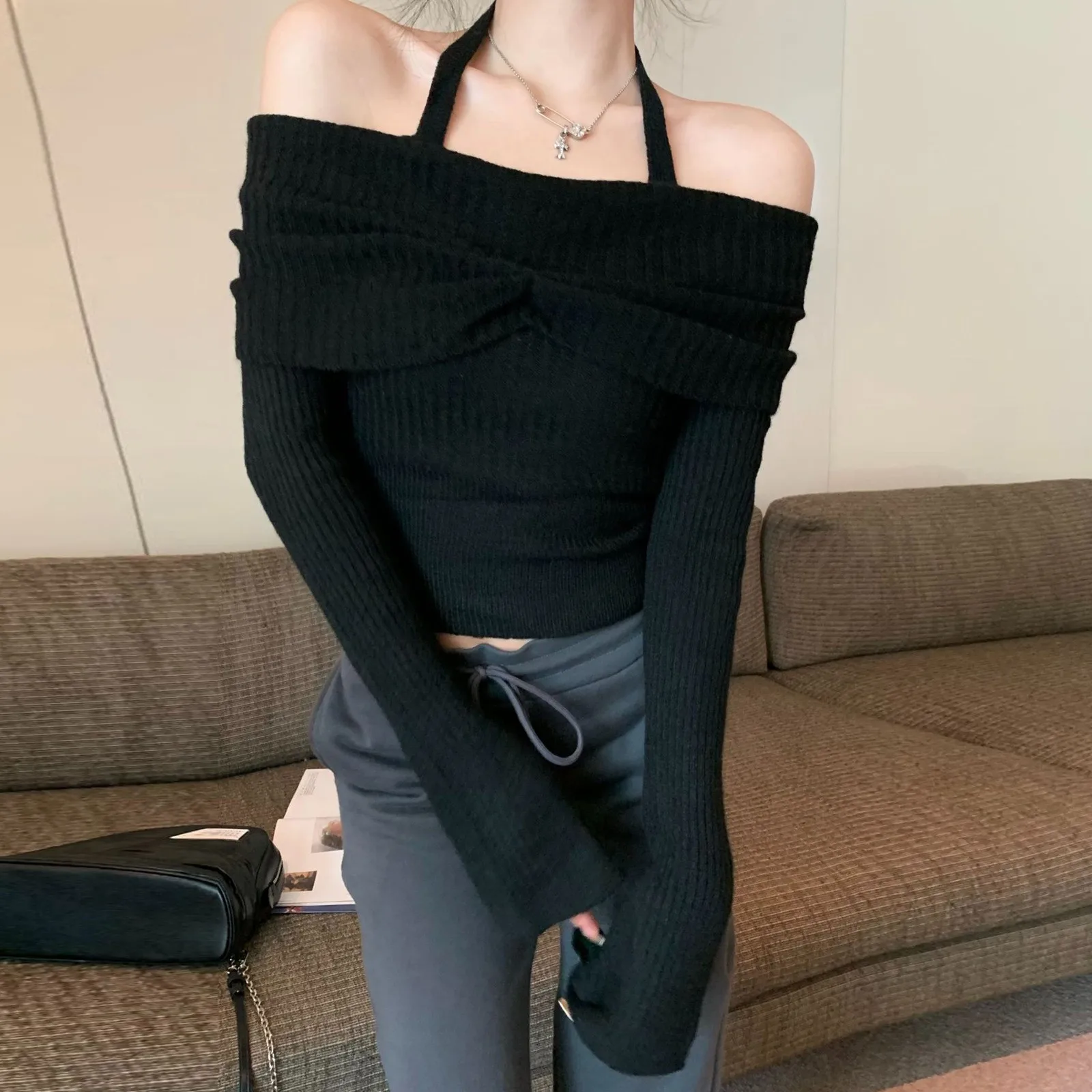 Solid Slim Knitted Women Top Halter Off Shoulder Long Sleeve Female Sweaters 2024 Fashion All Match Casual Lady Pullovers