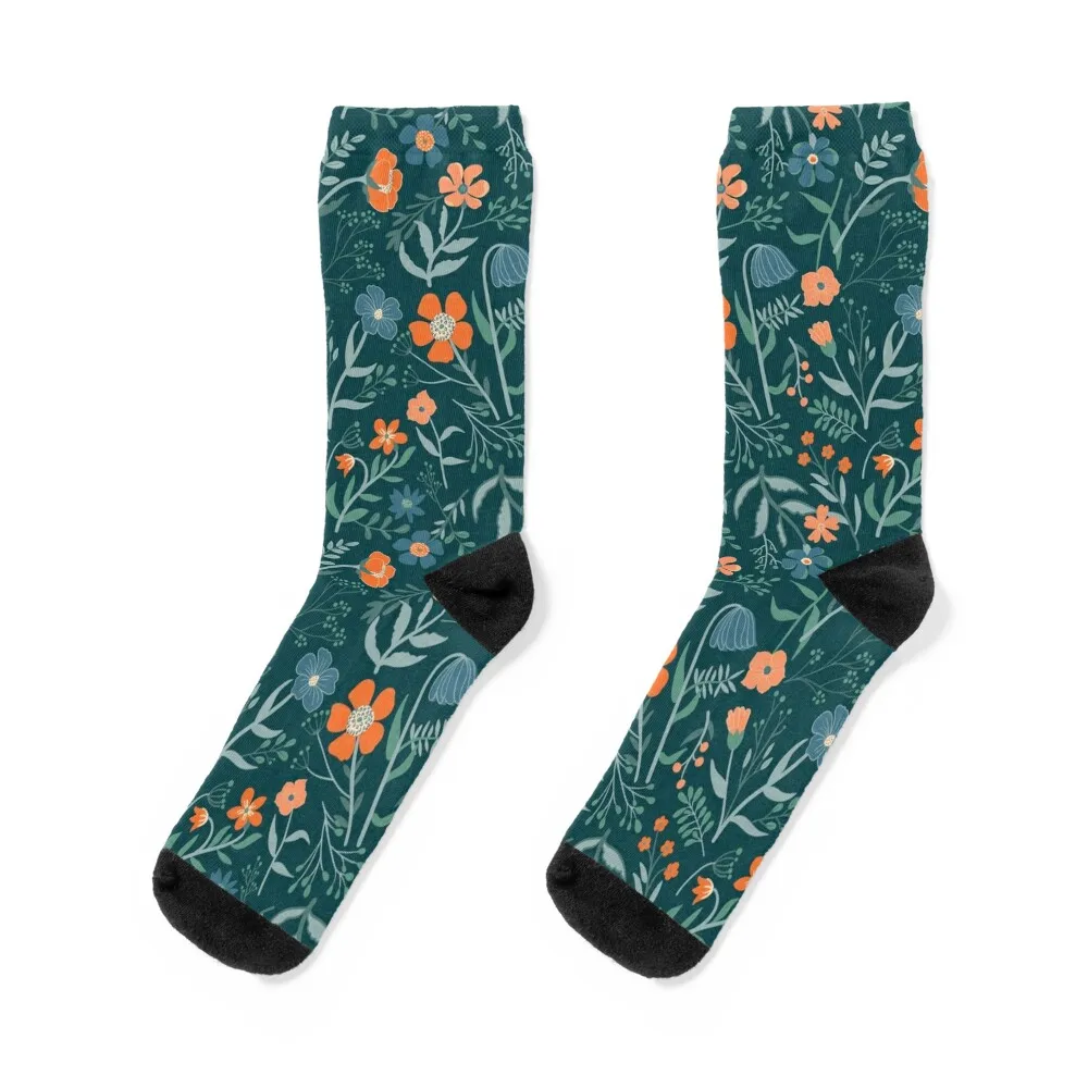 

Teal & Orange Botanical Garden Floral Print Socks custom sports gift winter gifts custom Men's Socks Women's