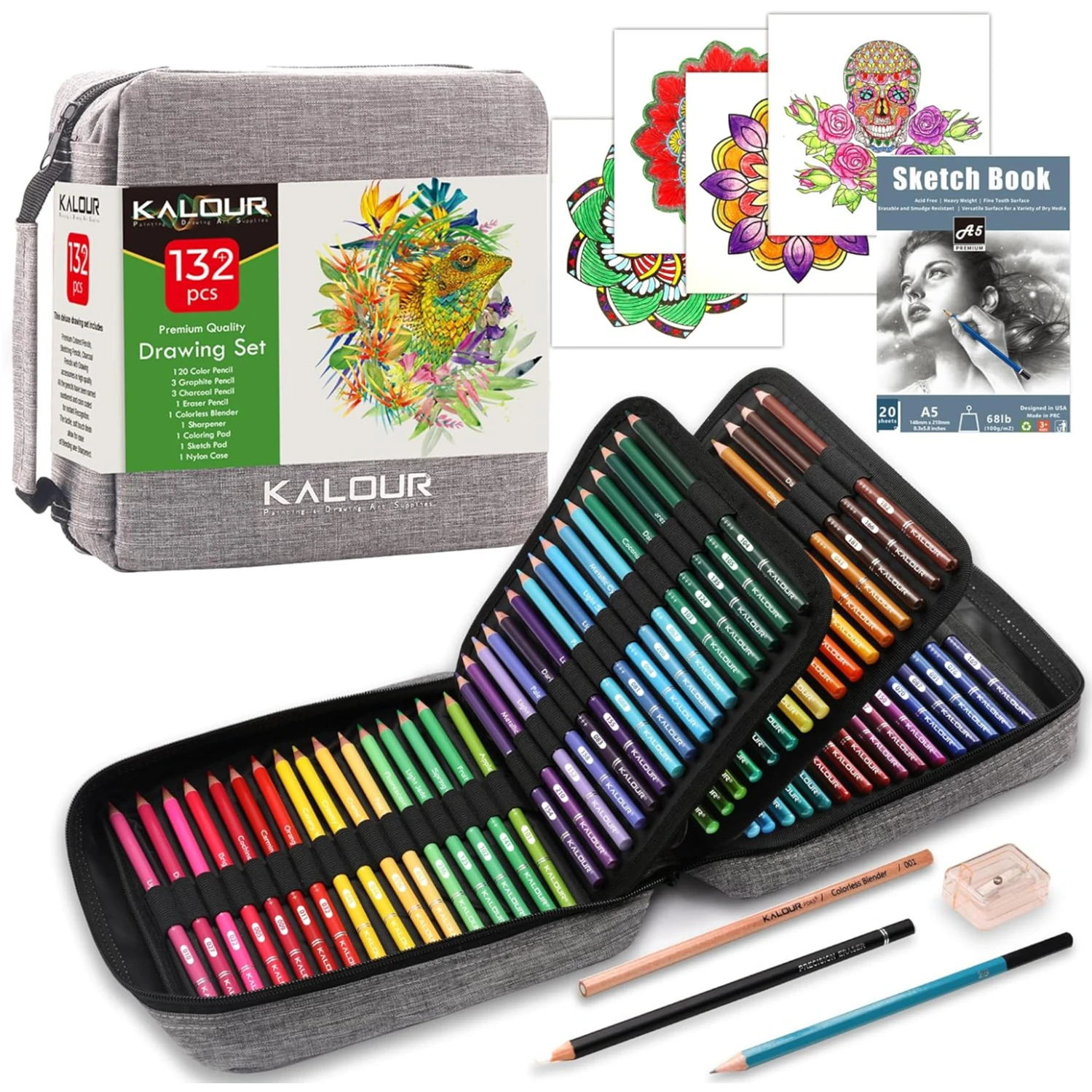 KALOUR 132 Colored Pencils Set,with Adult Coloring Book and Sketch Book,Zipper Travel Case,Soft Core,Ideal for Drawing Sketching