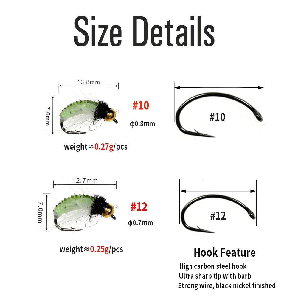 Vtwins Brass Bead Caddis Larva Pupa Nymph Feather Hackle UV Bug Worm Wet Flies Artificial Insect For Trout Fishing Fly Bait Lure