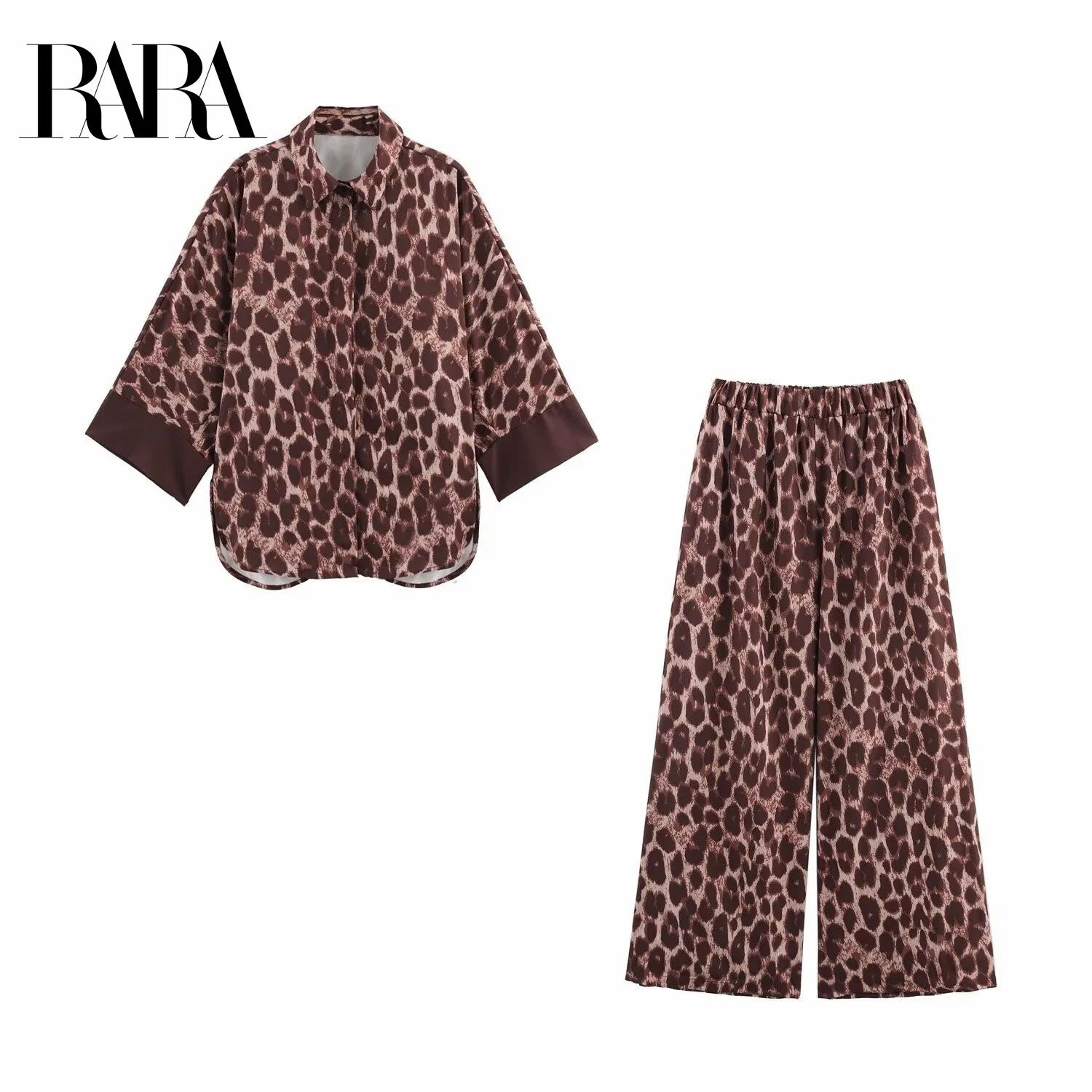 

RARA 2025 Womens Leopard Print Lapel Collar 3/4 - Sleeve Shirt and Elastic - Waist Wide - Leg Pants Set for Daily Wear