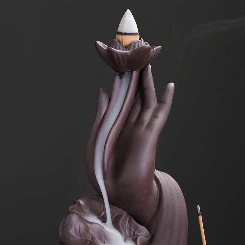 Purple Clay Buddha Hand Backflow Incense Burner Creative Lotus Buddha Hand Aromatherapy Burner Home Crafts Wholesale Backflow In