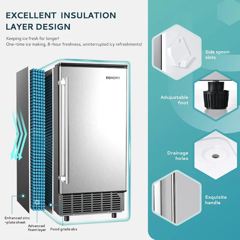 EUHOMY Macchina per il ghiaccio commerciale sotto il bancone, pulizia automatica di 85 libbre/giorno e timer 24 ore, drenaggio a gravità, acciaio inossidabile