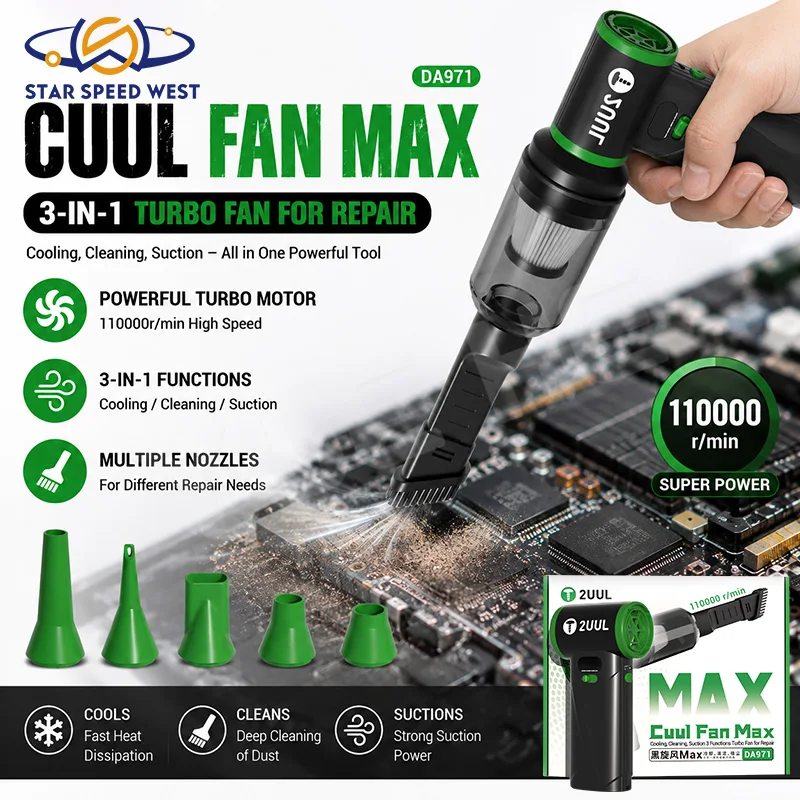 2UUL DA971 Cuul Fan Max 3in1 Cooling Cleaning and Suction Turbo Fan With 5pcs Heads 80W for Phone Cleaning Repair Tools Set