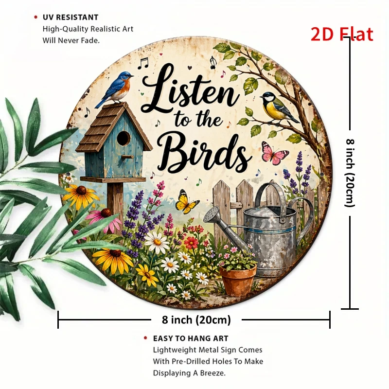 2D Flat - [2Dflat], 1pc 7.87X7.87inch- Listen to The Birds Floral Round Tin Sign, Garden Wall Decor, Vintage Bird Butterfly Meta