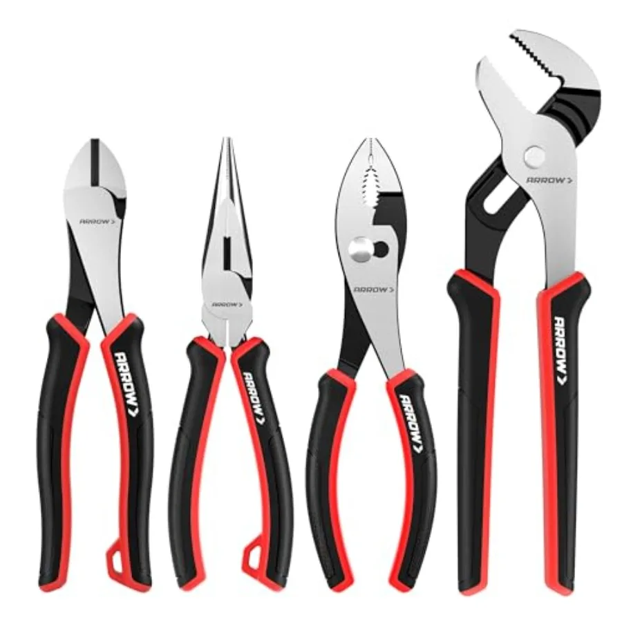 

ARROW 4-Piece Pliers Set Includes 8 Inch Diagonal Long Nose Slip Joint 10 Inch Groove Joint Pliers Ergonomic Anti-slip Handle f