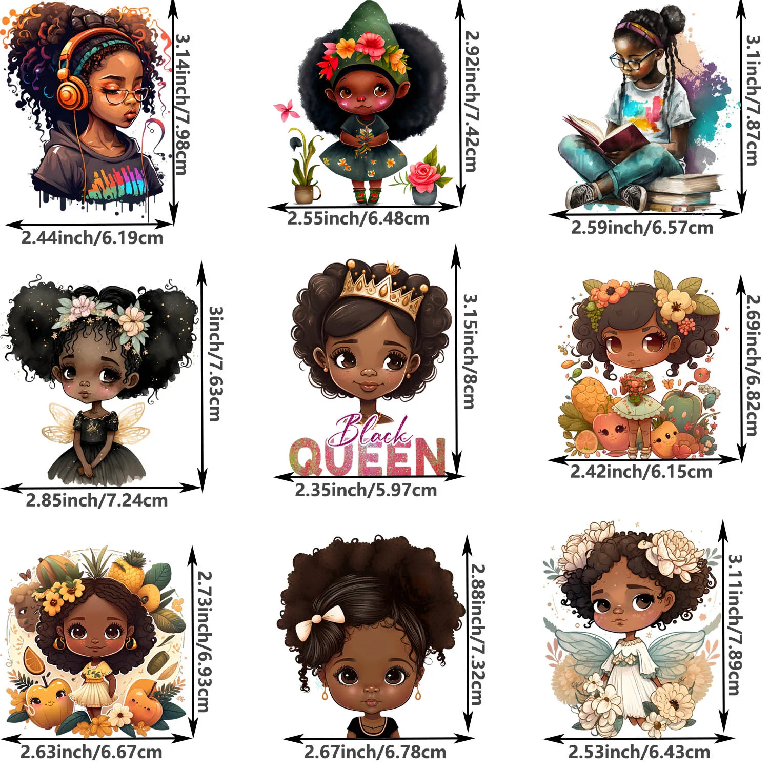 9-Pcs Cute Black Girl Themed Iron-On Transfer Stickers,Vinyl Heat Transfer Patches for DIY Clothing Backpack Transfer Film