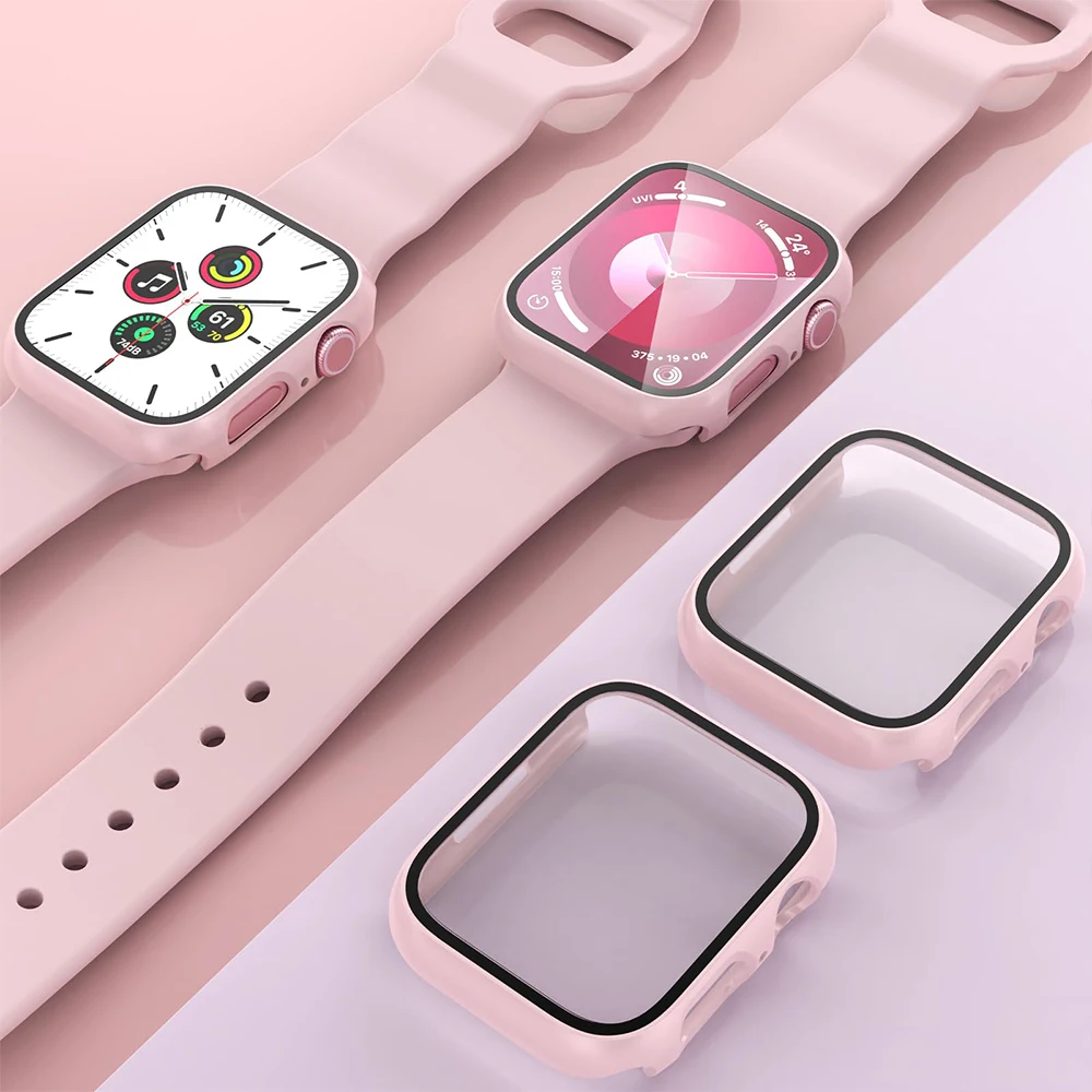 2 buah kaca Tempered + penutup untuk casing jam tangan Apple 45mm 41mm 44mm 40mm 42mm pelindung layar Iwatch seri 9 4 5 6 SE 7 8 Aksesori