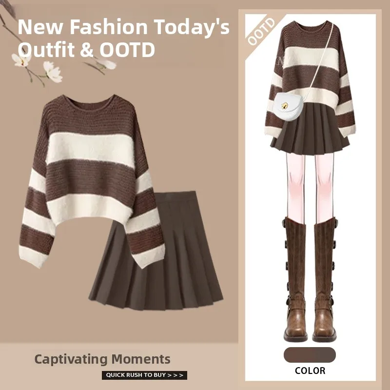 

Korean Lazy Stripe Sweater Women's Autumn Winter New round Neck Knitted High Waist Pleated Skirt Set Fashionable Two-Pie...