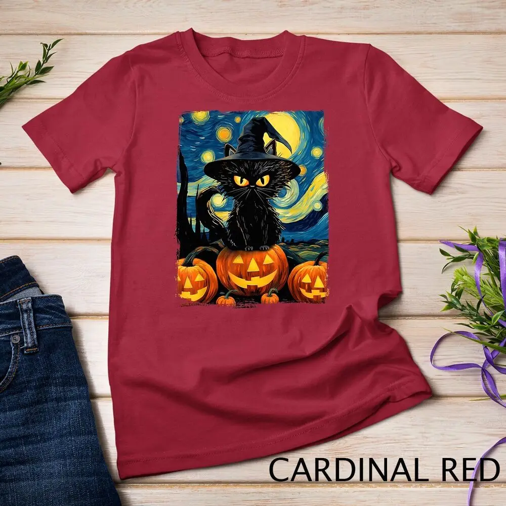 Witch Cat Starry Night Van Gogh Retro Halloween Cat Art Kids Unisex T-shirt