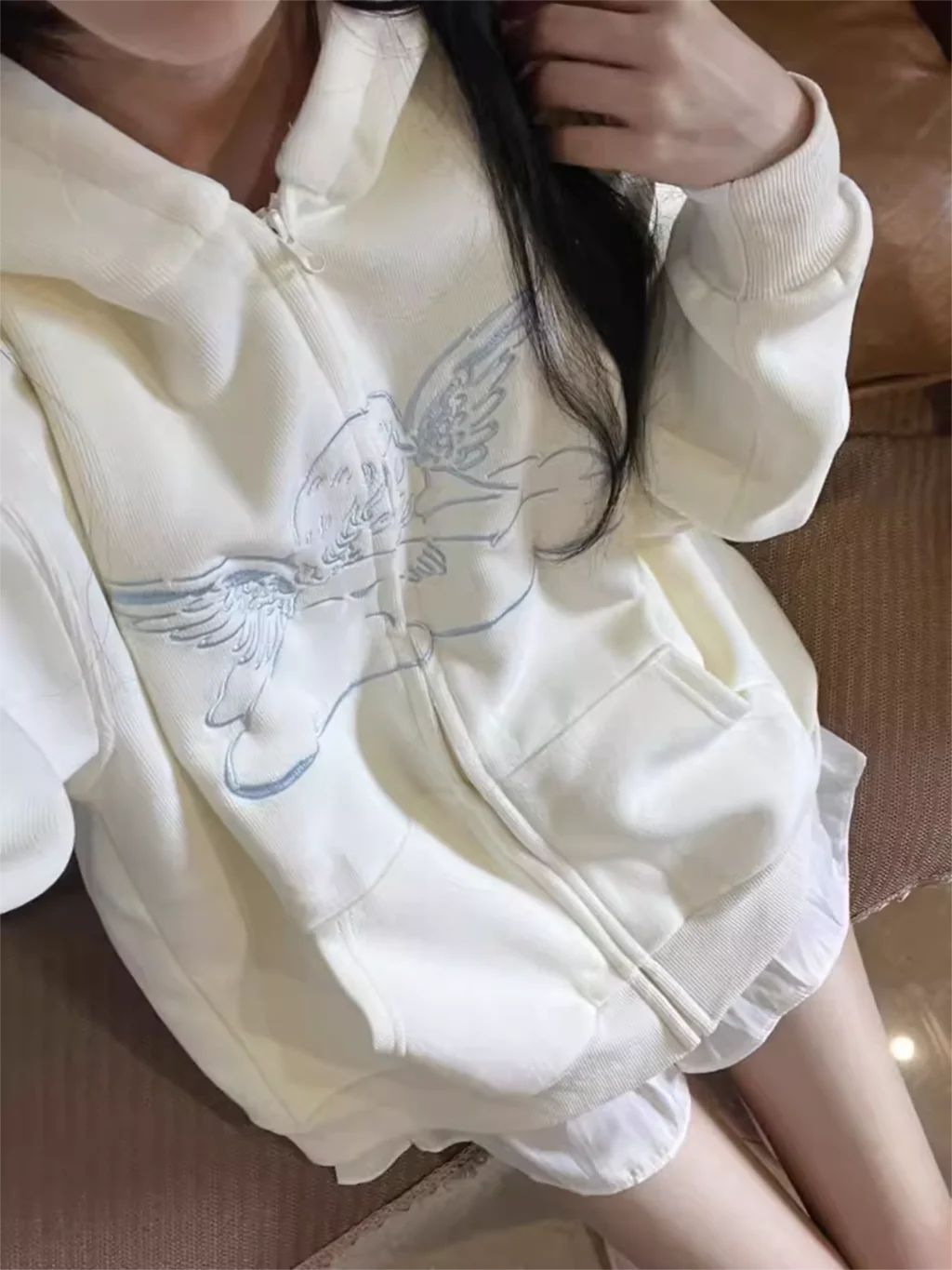 

Angel Baby Embroidery Cute Hoodie Woman Sweet Long Sleeve Zip-up Sweatshirt Autumn Preppy Style Fairycore Cotton Hoodies Top