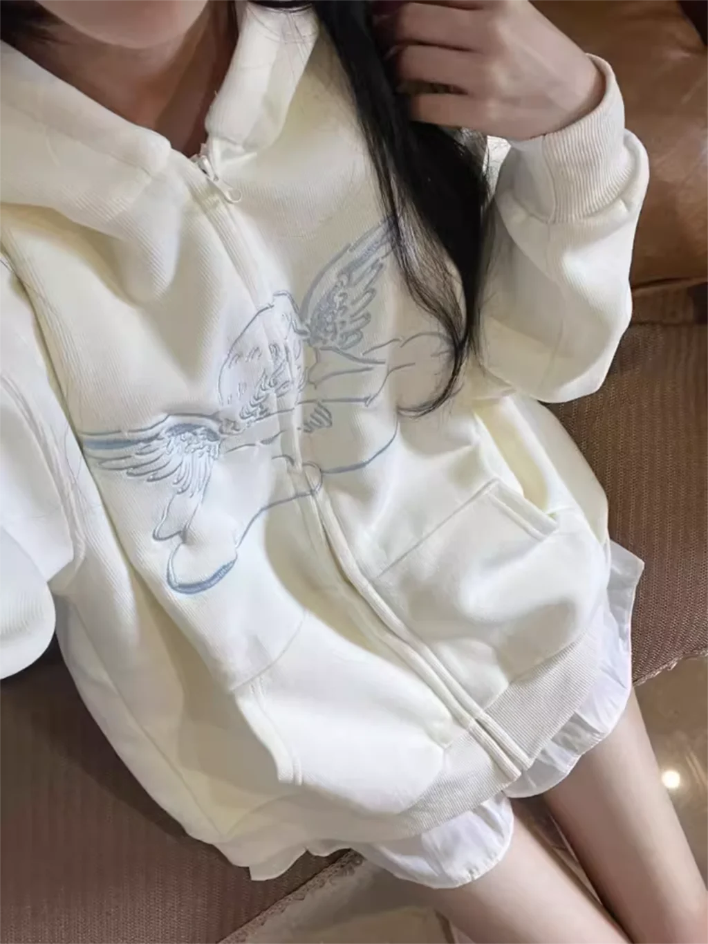 Angel Baby Embroidery Cute Hoodie Woman Sweet Long Sleeve Zip-up Sweatshirt Autumn Preppy Style Fairycore Cotton Hoodies Top