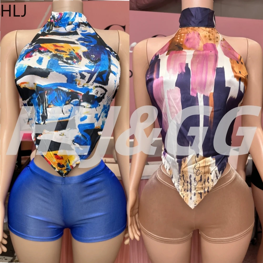HLJ Sexy Color Printing Woman 2 Piece Set Outfit Halter Sleeveless Backless Crop Top and Shorts Matching Suit Female Streetwear