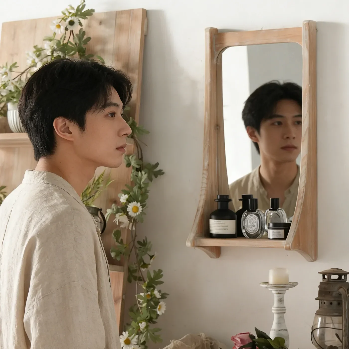 Solid wood wall-mounted vanity mirror wabi-sabi wind shelf antique style homestay retro wall vanity mirror storage rack