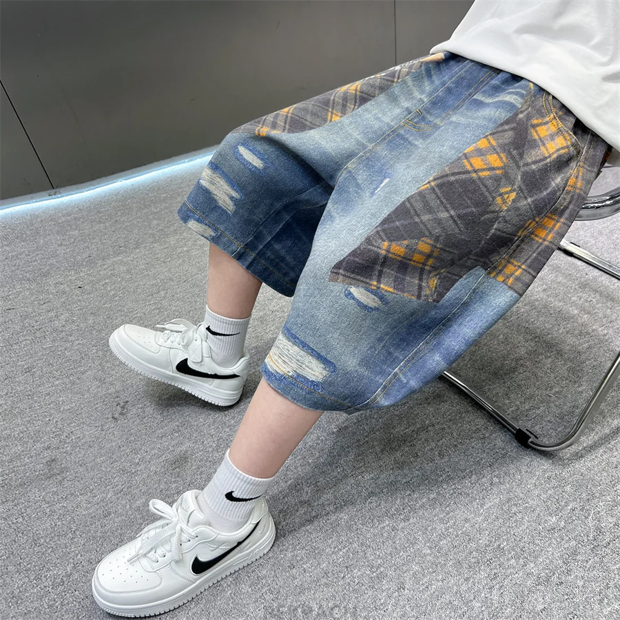 Kids Summer 3D Plaid Print Denim Shorts for Tweens Boy Casual Mid-Calf Jeans Children Fashion Street Bottoms Short Pants 5-14Yrs