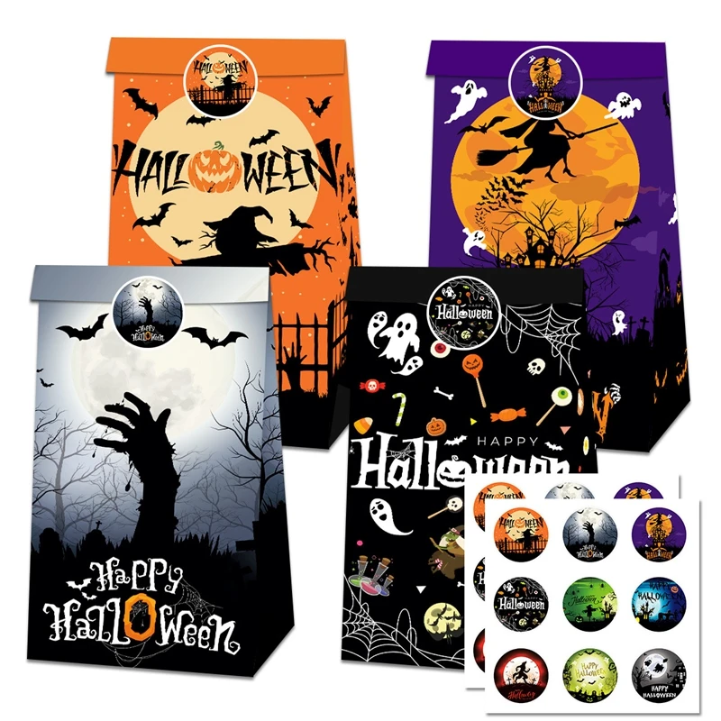 12 Halloween Candy Snacks Paper Bags+18 Stickers/set Ziplock Stand Up Pouches Sealing Stickers, Decorative Props, Party Supplies