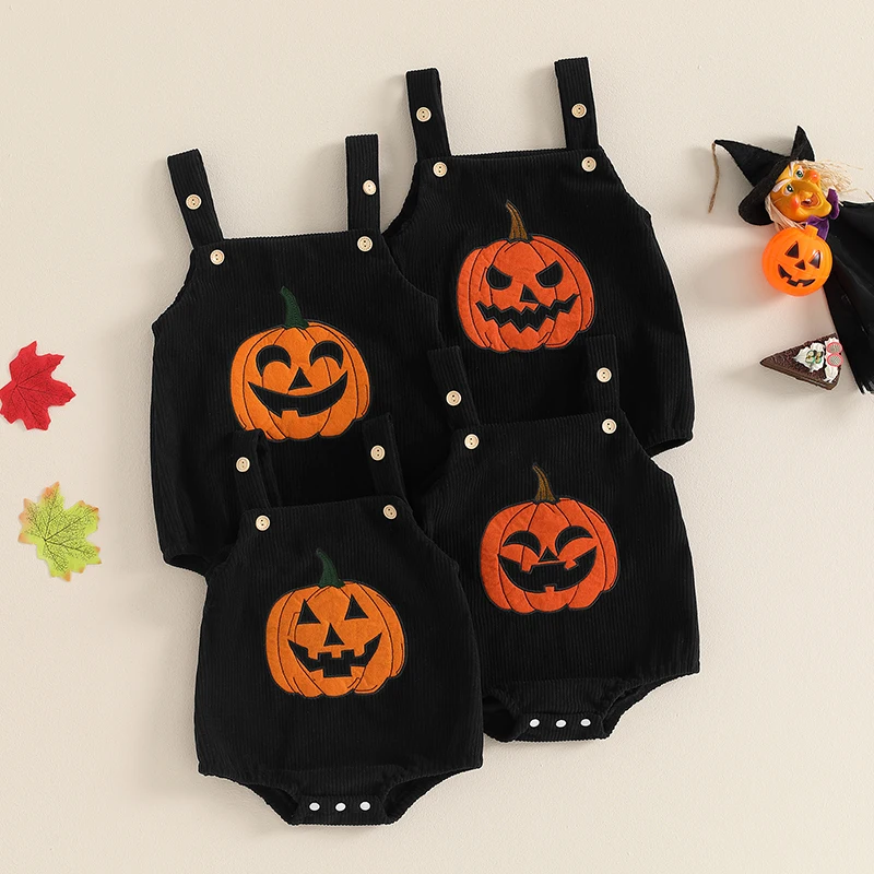 

2024-05-27 Lioraitiin Baby Girls Boys Rompers Overalls Pumpkin Print Sleeveless Buttons Straps Bodysuits Halloween Clothes