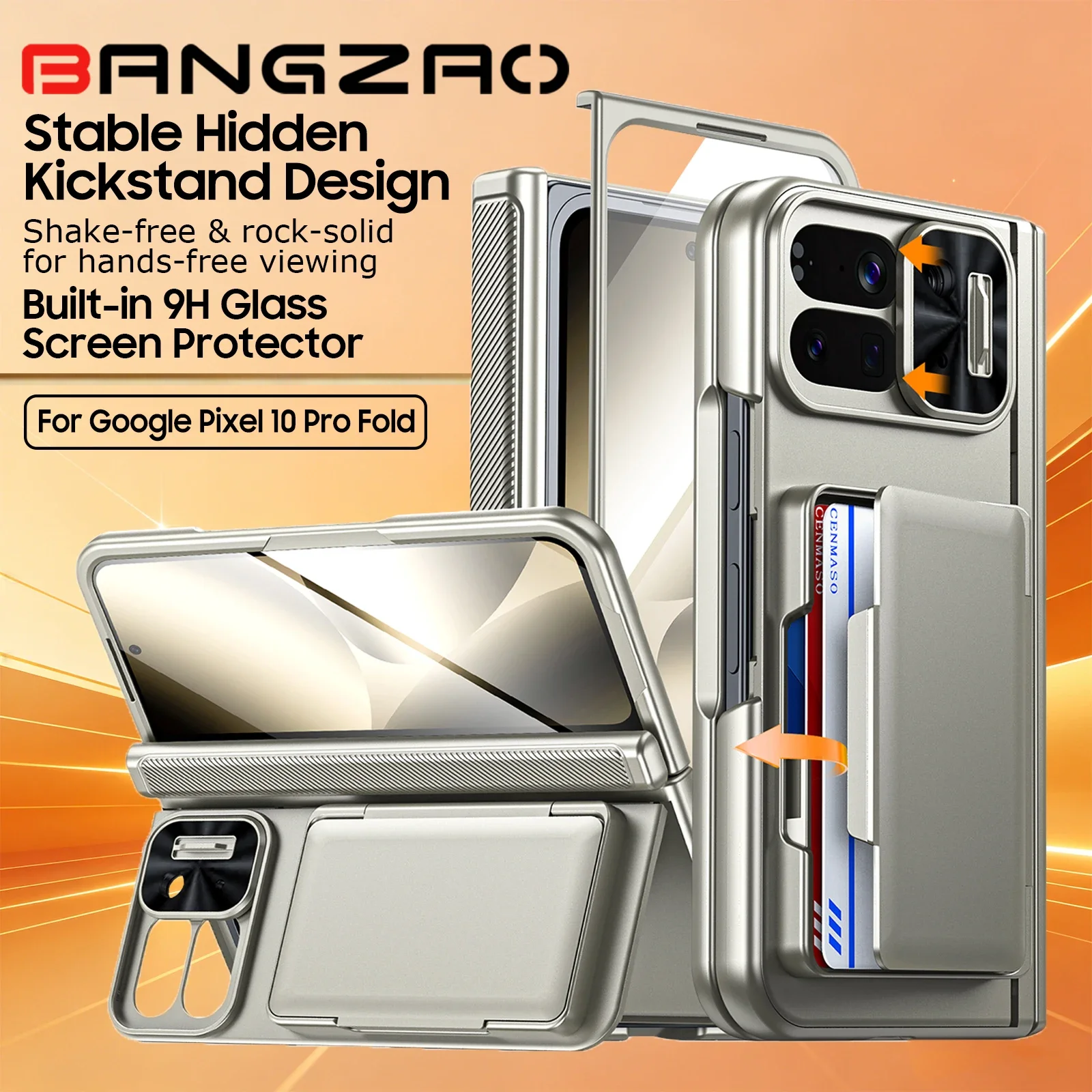 for Google 10 Pro Fold Phone Case,Build in Screen Protector,Card Holder [RFID Blocking] Kickstand Camera Cover Case-Titanium