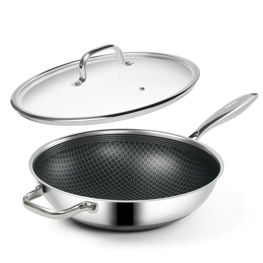 

12Inch Wok with Lid,Nonstick Stainless Steel Woks amp Stirfry pans,StayCool Handle,PFOA Free Cookware,Dishwasher and Oven Safe,C