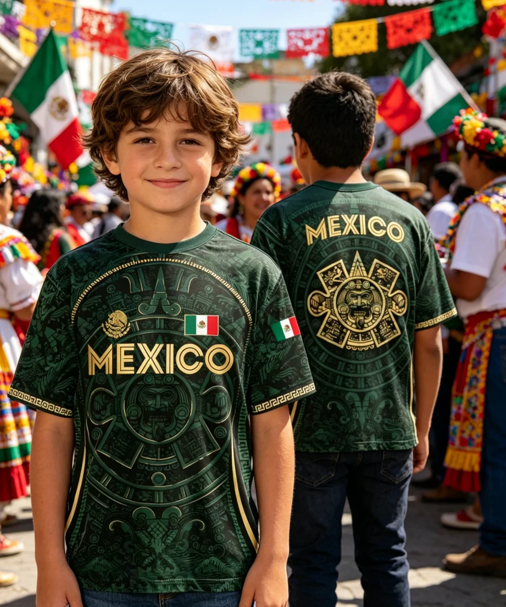 Mexico Aztec Sun Stone Calendar Print Soccer Jersey, Quick Dry Breathable Polyester Football T Shirt,Daily Casual Sport Top