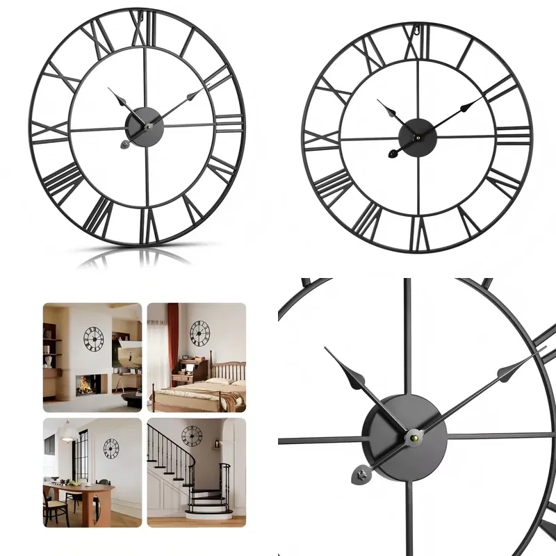 Large Black Skeleton Roman Numeral Wall Clock, Industrial Minimalist Silent Non-Ticking Metal Clock for Living Room Decor