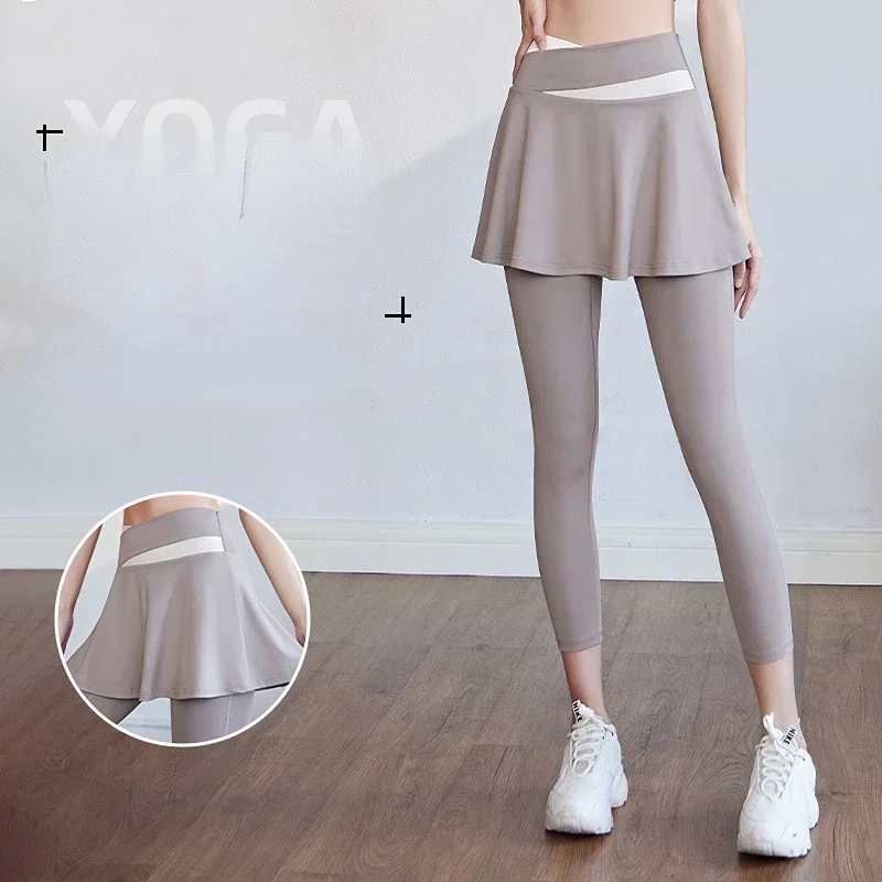 Woman Open Crotch Leggings with Fake Skirt Crotchless Panties Elastic Skinny Sport Girl Open Seats Pants Gifts