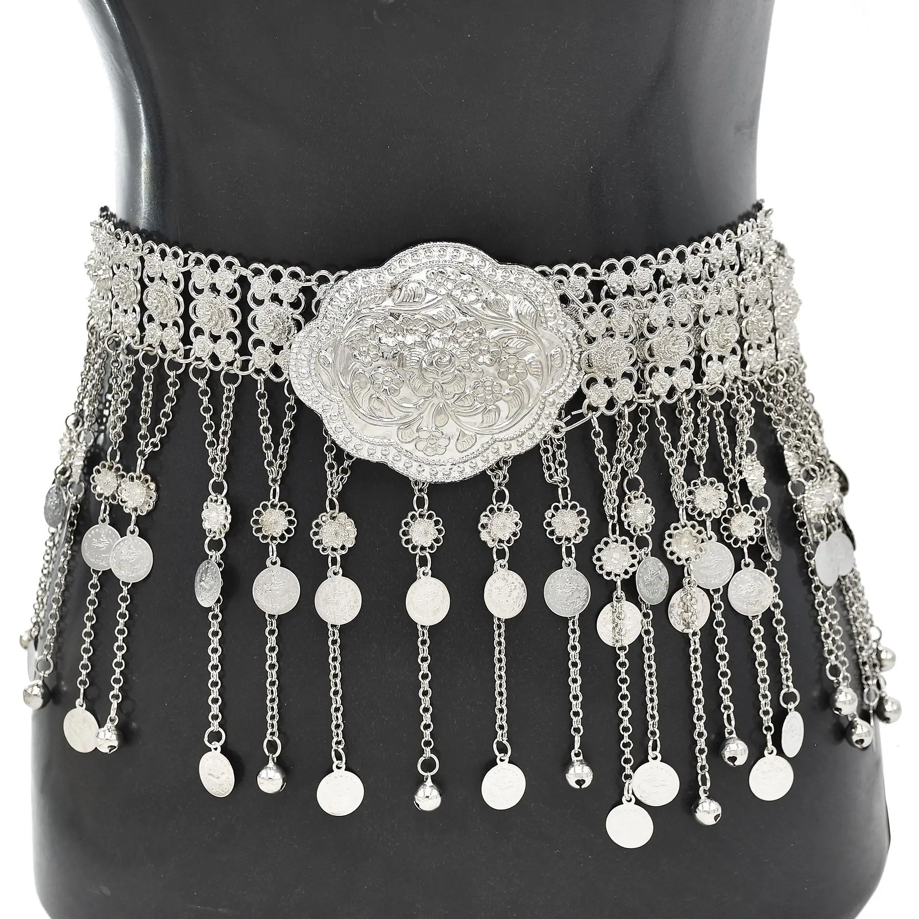 Vintage Oxidized Silver Color Metal Belly Chains for Women Ethnic Coin Long Tassel Dance Dress Waist Body Chain Gypsy Indian